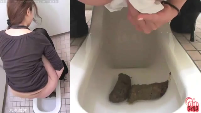 Click to play video Pretty secretatary pooping big logs in a public toilet
