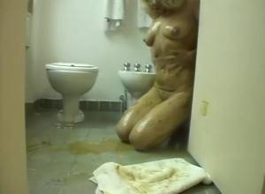 Click to play video The blonde smeared her shit all over the toilet and got an orgasm